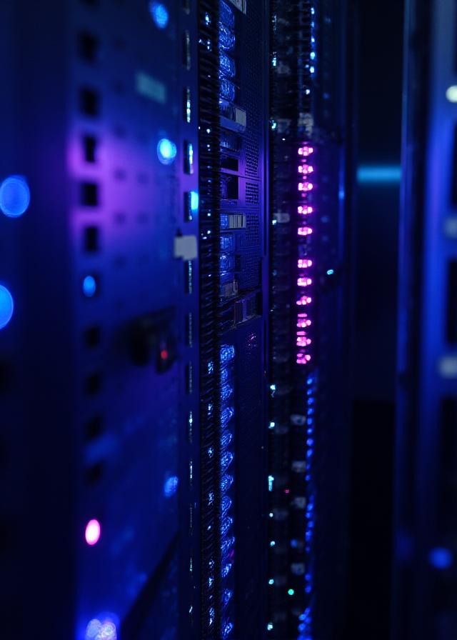 Data center server racks with neon pulse